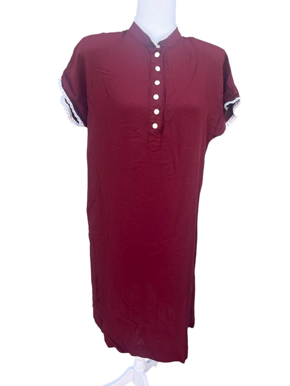Women's Vintage Shirt Dress Lace High Neck Button w/ Side Pocket Maroon Size L